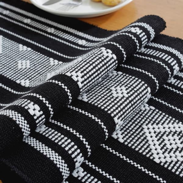 Black Boho Table Runner with Tassels 34 x 183cm, Cotton Linen Woven Farmhouse Table Runner Bohemian Dining Table Runner