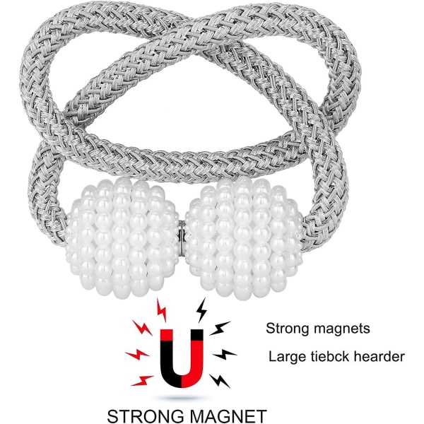 Magnetiske gardinbindinger Praktisk drapering-rygger - Dekorativ perleholder for tauholdere for små, tynne eller gjennomsiktige vindusgardiner (2 stk, grå)