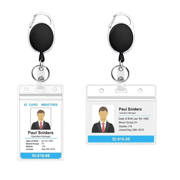 2-pack ID-emblemhållare med klämma – märkesrullar Infällbar Heavy Duty – Tydlig ID-korthållare Infällbar – Vertikal Lanyard ID-hållare med karbinhake B