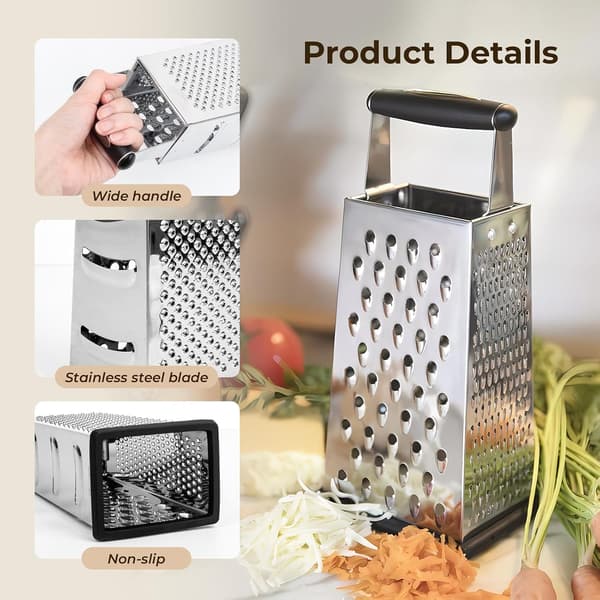 4-Sided Grater, Stainless Steel, with Non-Slip Base and Large Handle, Versatile Manual Grater