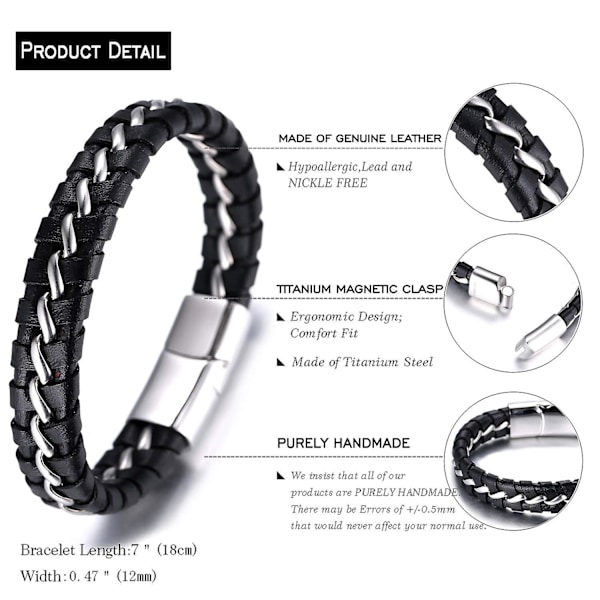 Drenge Ægte Læder Armbånd Sort.titan Sølv Kæde Magnetlås 7\"/18cm