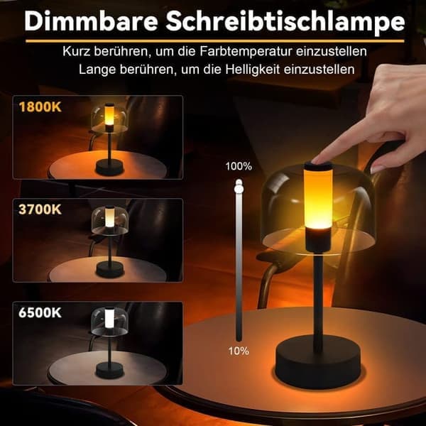 LED Bedside Lamp Dimmable, Touch Wireless Table Lamp USB-C Rechargeable 1800K–6500K