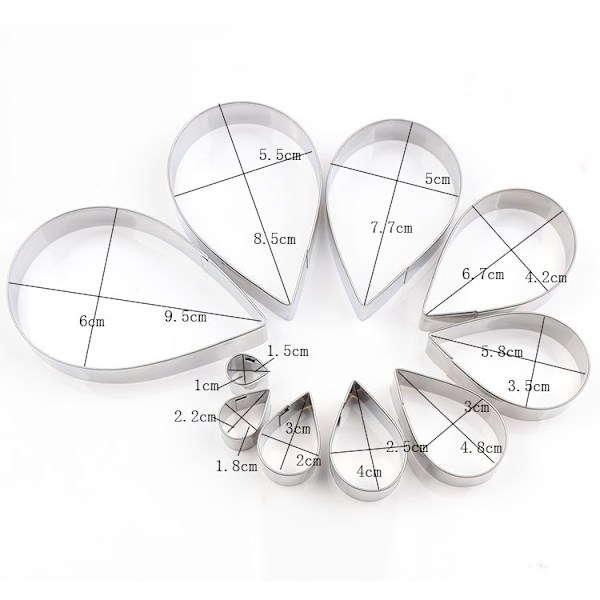 10 stk/sett Rosablad Kake Cookie Cutter Mold Pastry Baking Mold Tåre Drop Cutter Sett