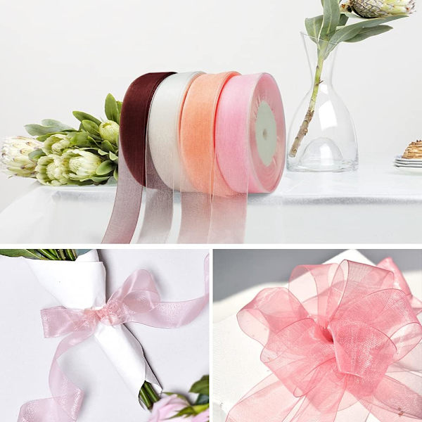 4 Rullar Transparent Chiffon Satinband Presentband, Lämplig för Alla Hjärtans Dag, Jul och Födelsedagsbukett Dekoration (4 Stycken Blandade Färger)