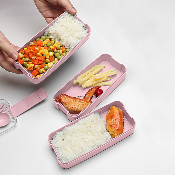 Stackbar Bentolåda, Lunchlåda-set med Sked & Gaffel, 3-i-1 Fack, Vetehalm Matlåda Pink