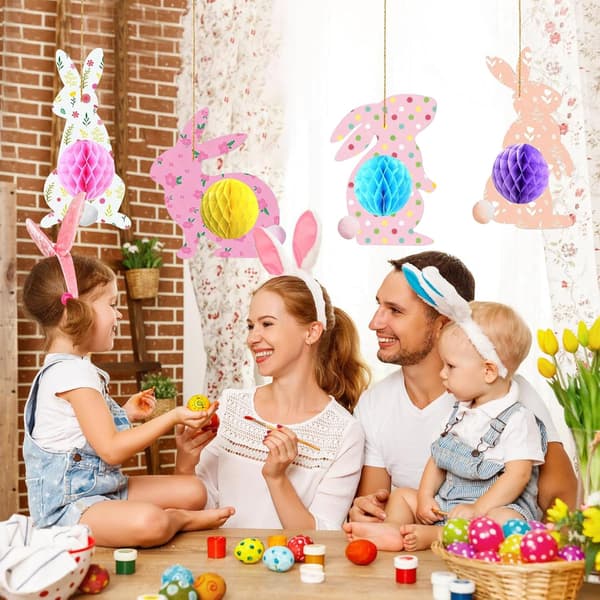 Easter Honeycomb Centerpiece with String 4 pcs Paper Easter Bunny Decorations 12x23cm