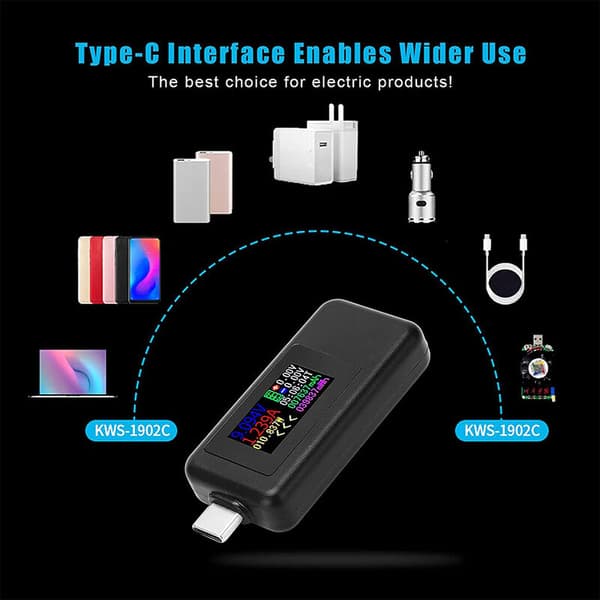 USB-C-strømtester 4-30V USB-C-spenningstrømtester Tidsmåling Amperemeter 10 i 1 USB-C-ladeskjerm, Hvit