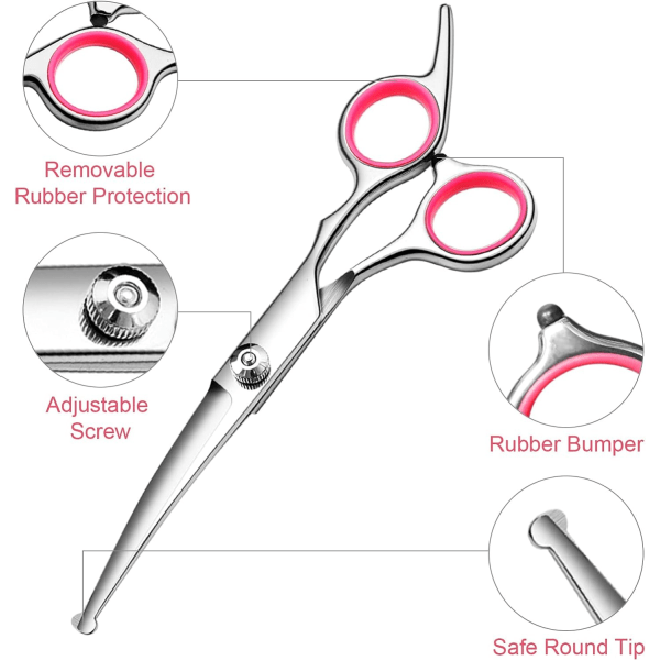 Hundefrisørsaks med Sikre Runde Spidser i Rustfrit Stål Professionelt Hundefrisørssæt - Tyndende, Buede Saks og Kam til Hund Kat Kæledyr