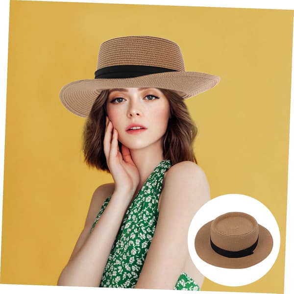 Women's Straw Sun Hat with Wide Brim, Foldable Summer Beach Hat in Khaki Black