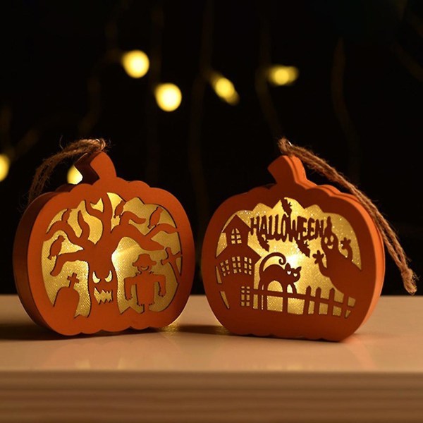 Puinen Kurpitsa Halloween LED-Valot Haukuttu Talot Kattoon Ripustettava Koriste Juhlat Kauhu Koristelinja Haamu