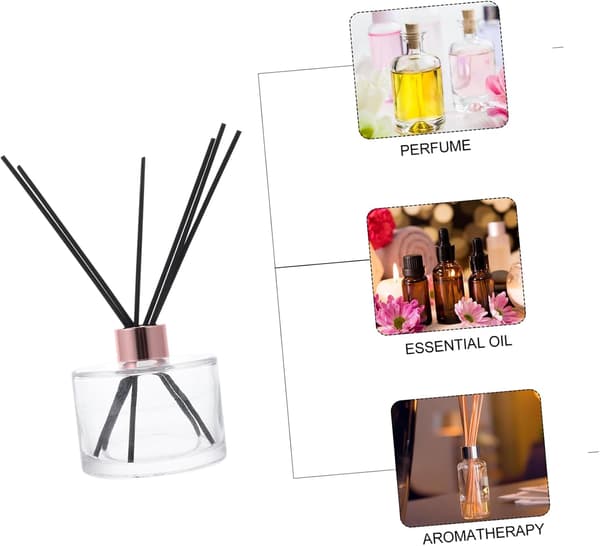 Glass Aromaterapi Flaske Reed Diffuser Sett 200ml med 6 Svarte Rørpinner og Gullkork