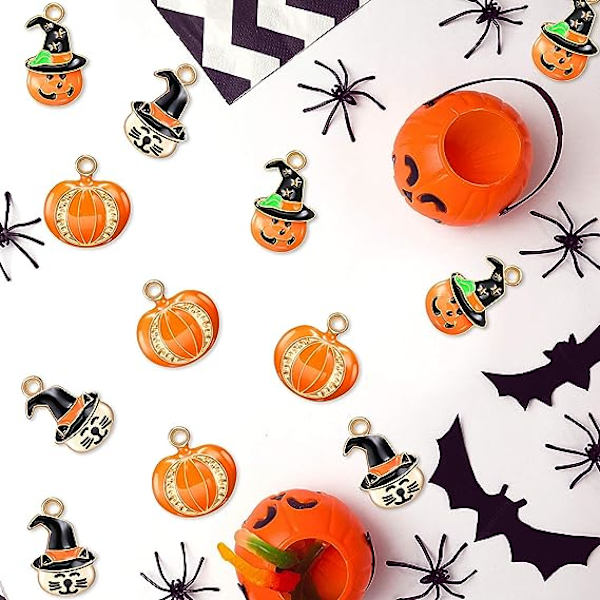 21 kpl Halloween-metallihelmiä, Sekalaisia Halloween-aiheisia riipuksia, Halloween-smaltihelmi, Kurpitsa hatulla DIY-kaulakorulle