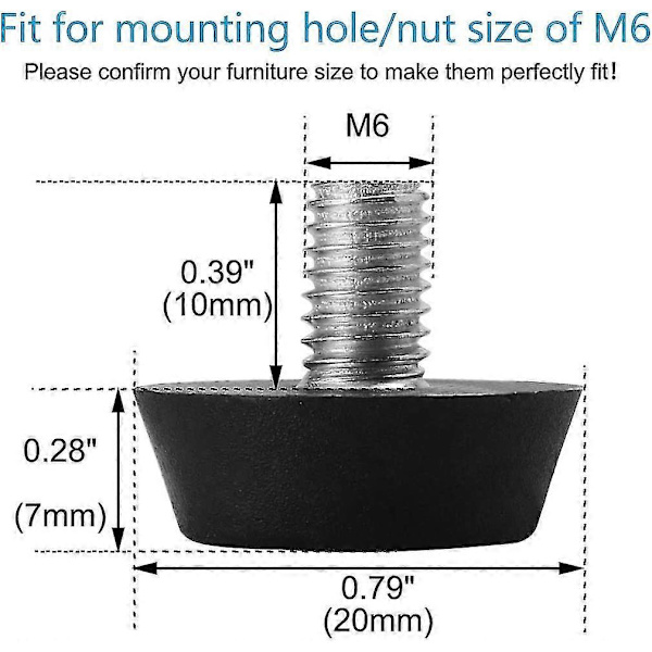 M6 X 10 X 20 mm Huonekalujen Liukujalat Säädettävät Jalkojen Tasaajat Lattiasuoja Tuolien Sohvan Jaloille, 20 kpl