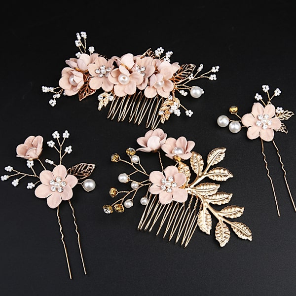 Blomsterkam til Bryllup 4 stk. Krystal Bryllupshårkam Brudens Hår Sidekam Rhinestone Brudens Hovedbeklædning til Kvinder og Piger Pink Farve