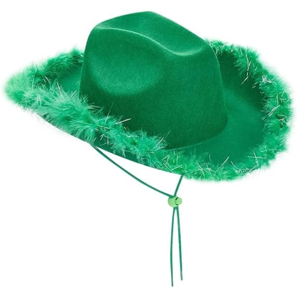 grøn cowboyhat til kvinder Mænd Fluffy Fur Trim Filt Cowgirl Hat Voksne Ekstra stor fjerhat Western Party Accessories