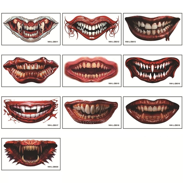 10 Sheets Halloween Mouth Tattoo Stickers Halloween Prank Makeup Temporary