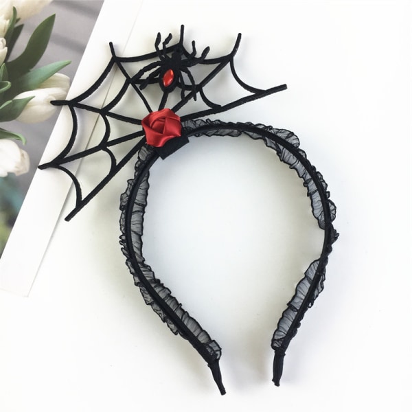 Kvinnor Pannband Hårklämma Hoop med Web Black Rose Spider Lace Wrap för Halloween Kostym Party Cosplay (Black Spider)