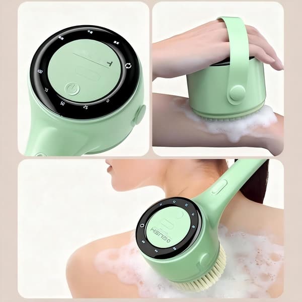Electric Shower Brush - Rechargeable Long Handle Back Scrubber with 5 Replaceable Heads & LCD Display for Exfoliation & Massage