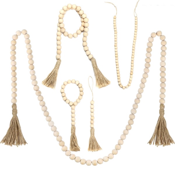 Trähalsband med tofsar Farmhouse Beads 1 st Rustik lantlig inredning Bönhalsband Väggdekoration Beige