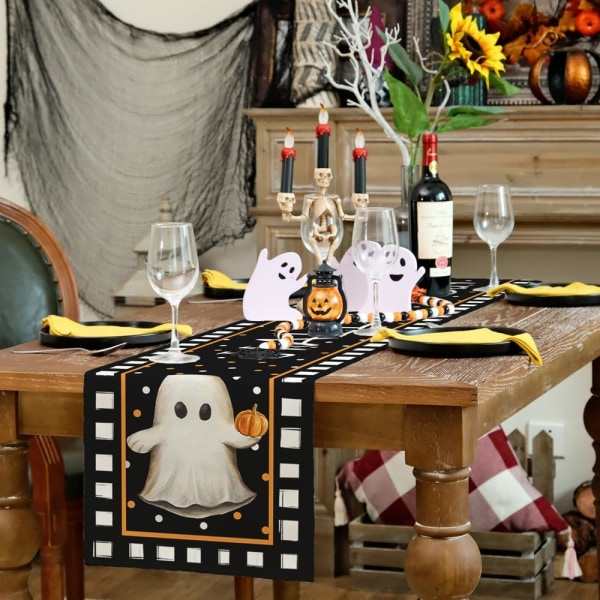 Halloween bordløper 13x72 tommer, gresskar skumle spøkelse Sesongbasert burlap Polka Dots Farmhouse Innendørs Kjøkken Spisestue