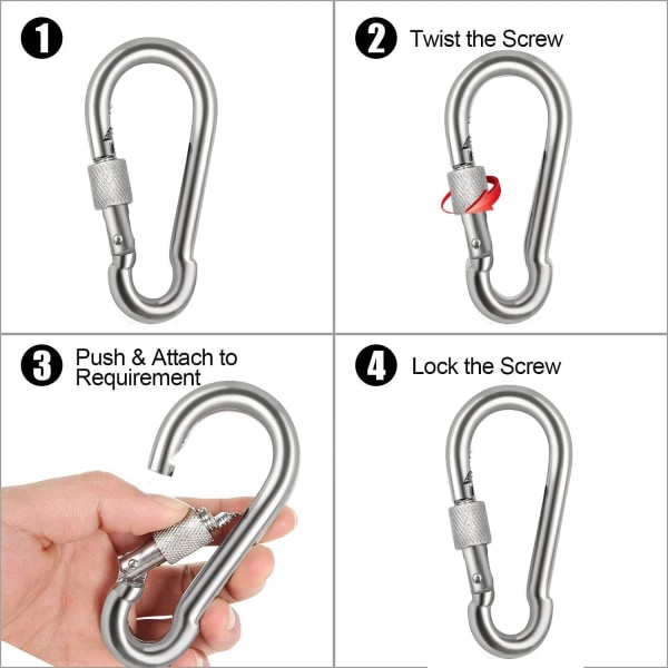 6 st Låsande Karabinkrokar, Rostfritt Stål Fjäder Snap Hook Låsande Karabinkrok Tung Duty - 304 Premium Rostfritt Stål Tumskruv Karabinkrok