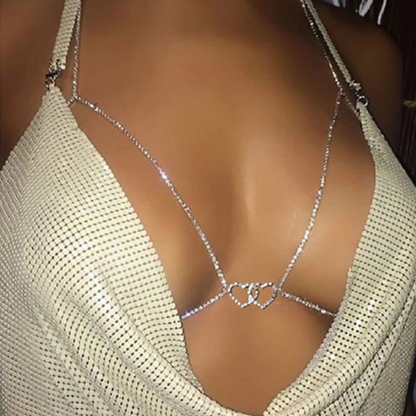 Body Chain BH Silver Heart Kristall Bröstkedjor Bikinismycken Sparkly Belly Accessoarer för kvinnor och flickor