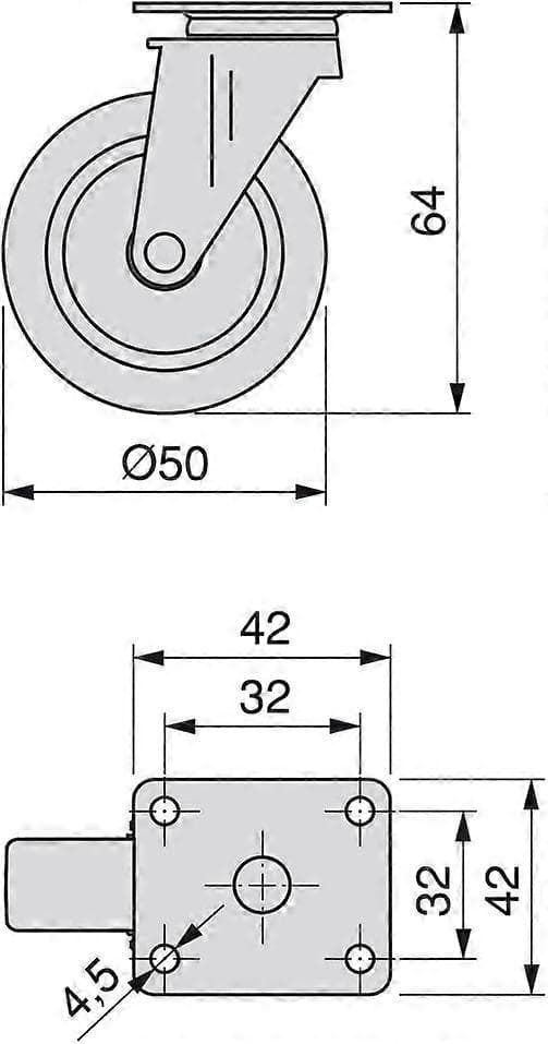 Sett med 4 svingbare møbelhjul 50mm med festeplate og kulelager, grå gummihjul [DB]