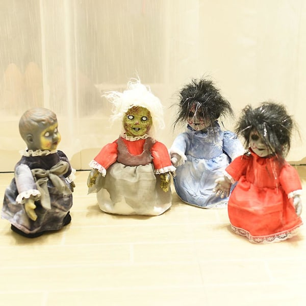 Halloween-rekvisiitta Sähkökäyttöinen Kävelevä Vauva Pelottava Pelottava Zombi-nukke Creepydolls Mustat hiukset ja sininen mekko