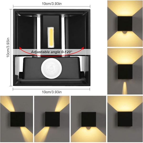 2 stk. LED utendørs vegglampe med bevegelsessensor, vegglampe med strålevinkel opp/ned, innendørs/utendørs design
