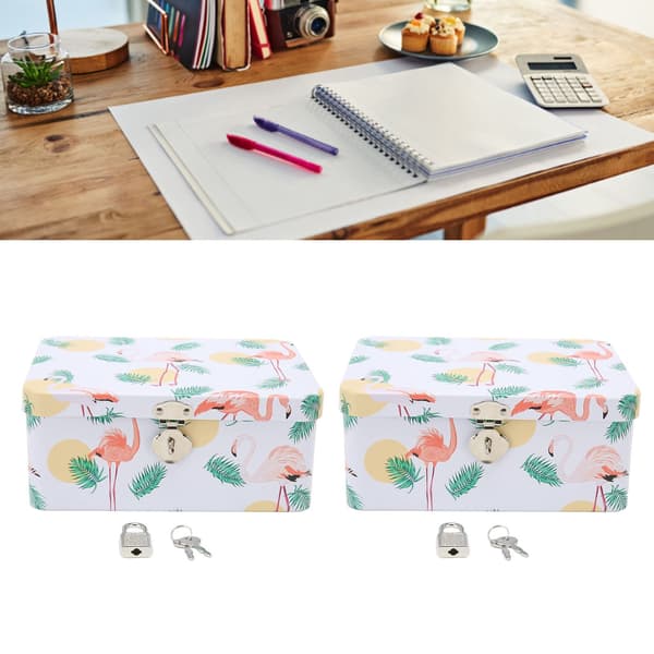 Tin Storage Boxes with Flamingo and Leaf Pattern, Versatile Rectangular Tin Box with Lock and Keys for Family and Office