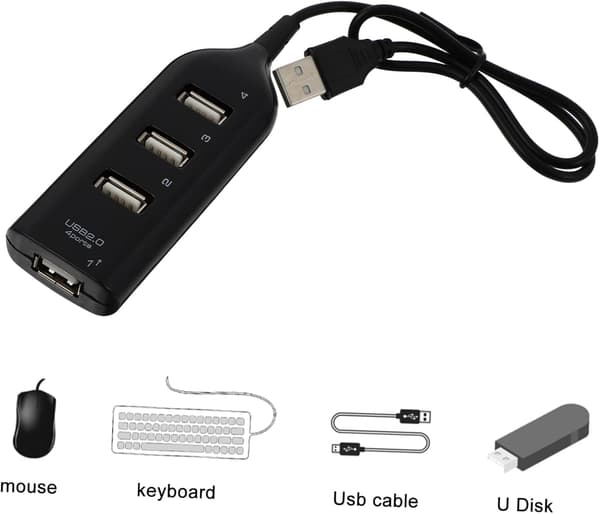 USB-hub 4-ports USB-forlænger til computere, bærbare computere, tablets, kompakt, let USB 2.0-udvider