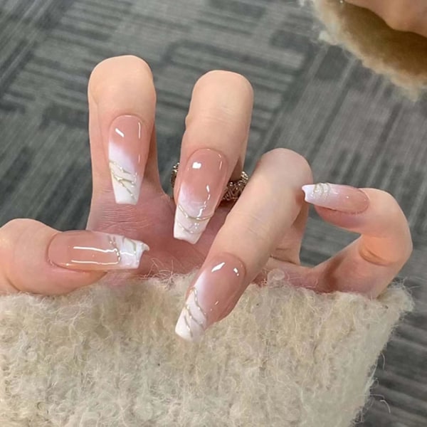 Lange Løsnegler Kiste Gradient Trykk på Negler Nude Negltupper Full Dekning Galaxy Fake Negler for Kvinner og Jenter 24 stk