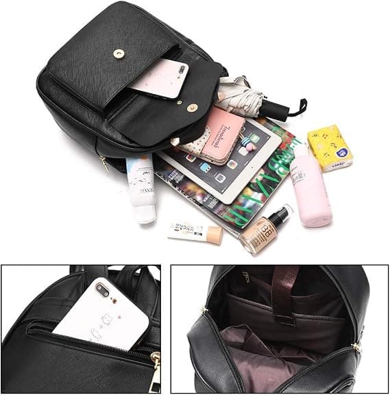 Girls' Three-Piece Set with Bow Tie, Leather Backpack, Women's Backpack, Small Casual Backpack