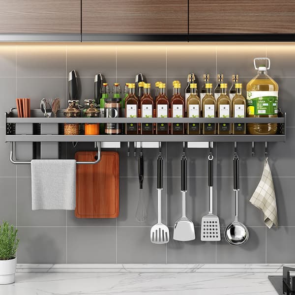 Spice Rack, Wall Mounted Kitchen Shelf, No Drilling Required, Spice Holder with 6 Removable Hooks, Can Hold Spices, Hang Spatulas