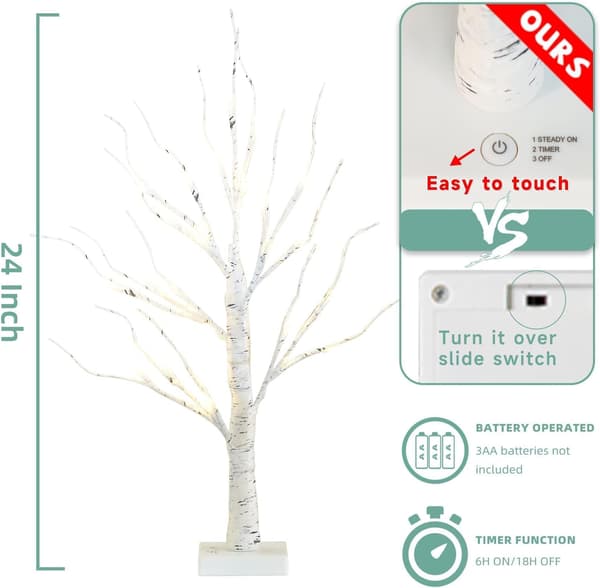 Christmas Tree, 2FT White Birch Tree with 24 Warm White Lights Battery Operated Artificial Tree Lighting