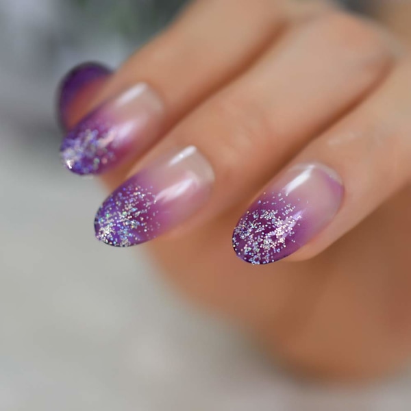 Viehättävä Purppura Tekokynnet Bling Glitter Ombre Soikea Selkeä Geeli Kynnet Suunniteltu Kynsi Taide Vinkkejä 24 Kpl
