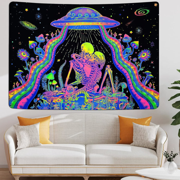 Sort lys kranietæppe Planter Tæpper UV Reaktiv Skelet Elskere Tæppe UFO Alien Tæppe Svampe Blomster Tæppe til B
