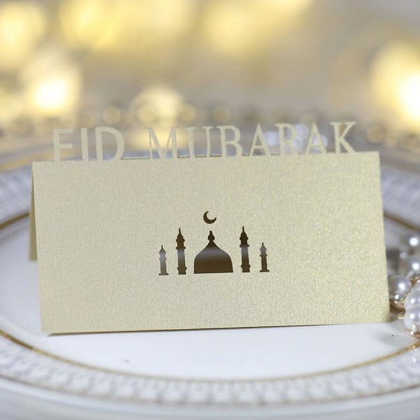 Kulta 100 kpl 3D-kirjaimet Mubarakin pöytäkutsukortit Leikatut palatsi Kuu Paperi Paikkakortit Festivaalijuhlien koristelu Kulta