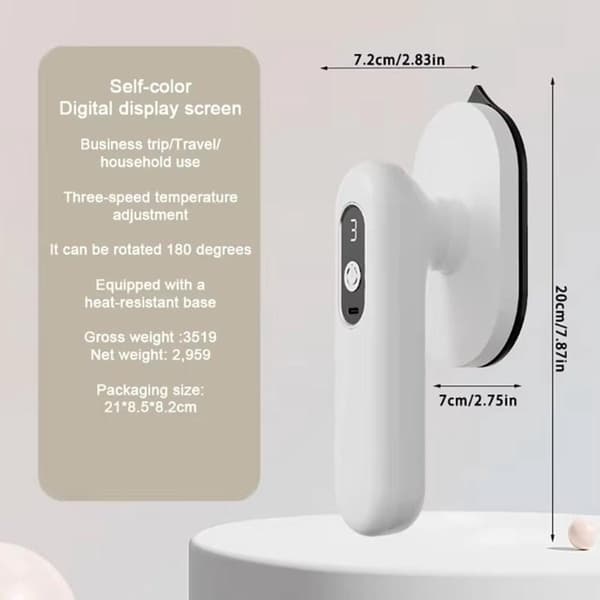 Cordless Mini Iron & Steamer, USB Rechargeable, Ceramic Soleplate, 3 Heat Settings LED – White