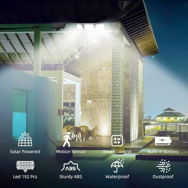 Solar Outdoor Wall Light, 3-Head LED Fixture with 192 LEDs, Motion Sensor, Security Floodlight, IP65 Rated