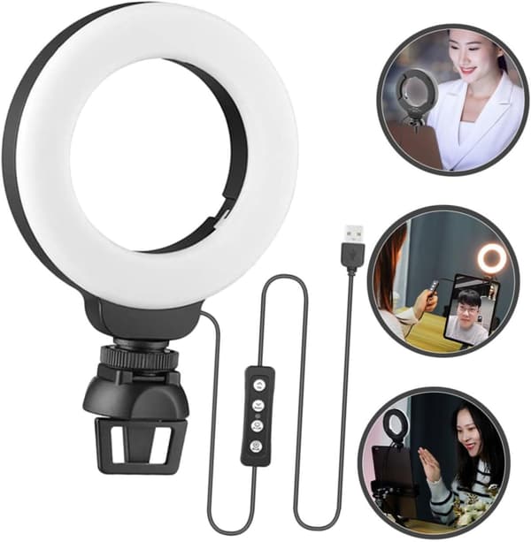 Selfie Ring Light til Webcam Dæmpbar LED Skønhedsbelysning Clip til Streaming 3 Tilstande