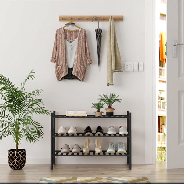 3-Tier Shoe Rack for Closet, Stackable Bamboo Shoe Rack for Entryway, Hallway, Bathroom, Versatile Freestanding Shoe Shelf Black