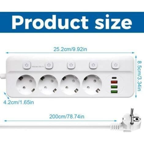 Power strip with individual switches, 4 USB-C sockets (3 USB-A + 1 USB-C), wall-mounted multi-plug for home, office or kitchen, 2M-White