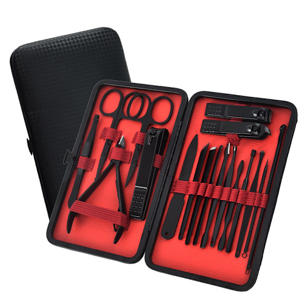 Manikyrset, 18 i 1 Rostfritt Stål Professionellt Pedikyrset Nagelsaxar Grooming Kit med Svart Läder Reseväska