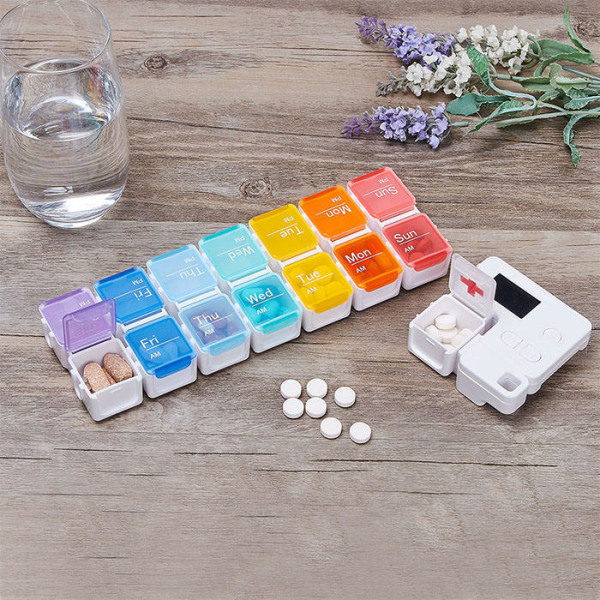 Digital pillebeholder, elektronisk pillebeholder, ukentlig pilleboks med AM/PM automatisk alarmpåminnelse, bærbar 14-dagers
