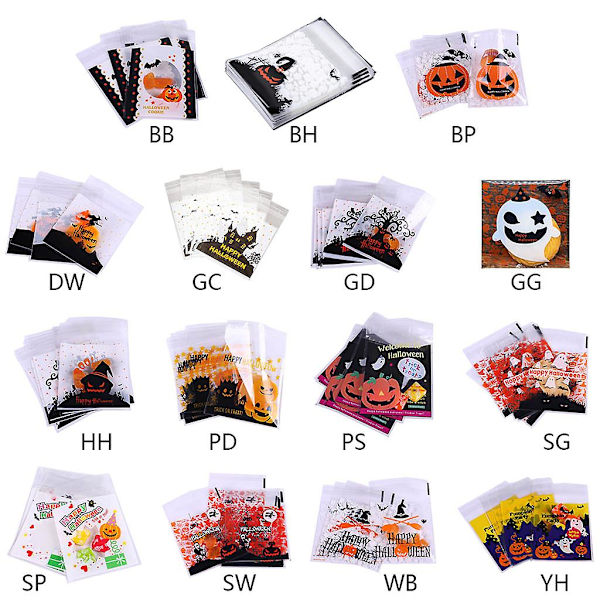 100 stk Halloween Slikpose Cookiesposer Selvklæbende Tegneserie Græskar Hexe Spøgelse Print Klar Snack Emballage Snackposer Græskar Fem Stjerner