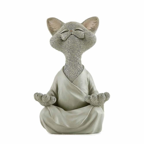 Snodige grå Buddha Cat Statue Meditasjon Yoga samleobjekter