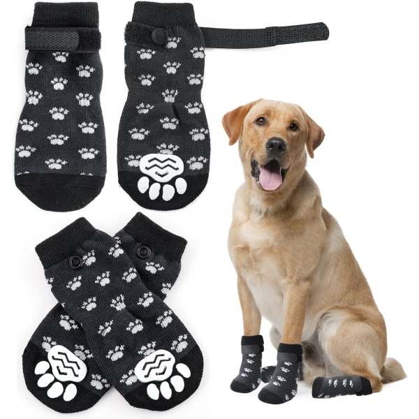 (L) Skridsikre potebeskyttere hundestrømper, dobbeltsidede hundestrømper med justerbare stropper, trækkontrol til indendørs på hårdttræ