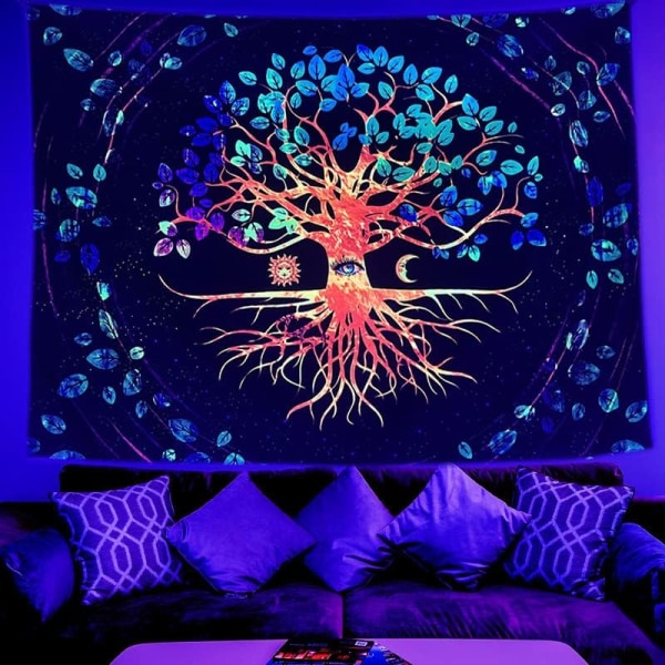 Blacklight Tapestry Livets träd UV-reaktiv Sol Måne Växt Vägghängande Fantasy Träd Väggtapet Estetisk Heminredning Vägg