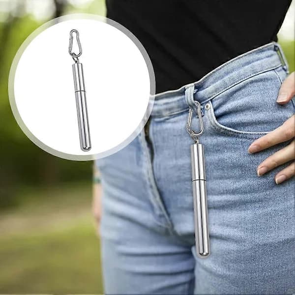 2-pack Reusable Telescopic Metal Straws, Cleaning Brush & Storage Case, Portable Foldable Drinking Straws (Silver & Black)